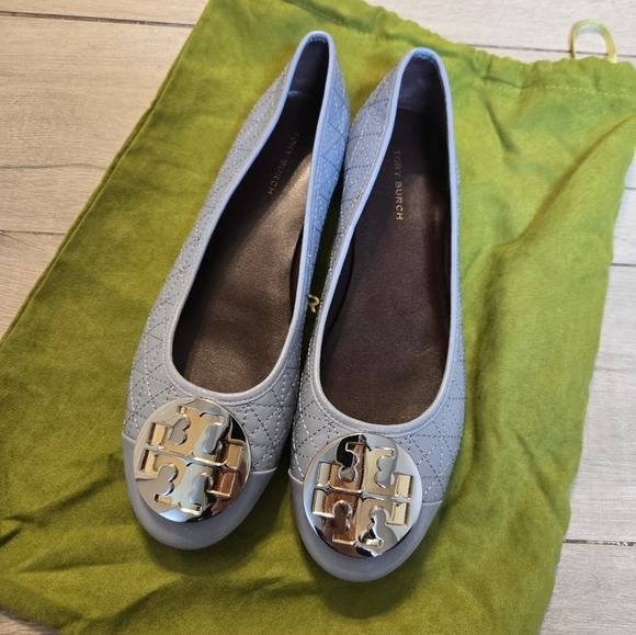 Tory Burch Shoes - Tory Burch Claire Cap-Toe Quilted Ballet – Dew Blue/Gold/Silver – Size 7